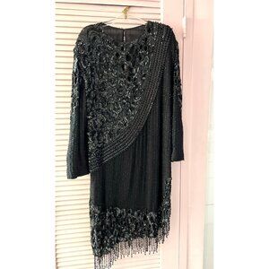 Black Full Sequin Women's Dress Sz 16 Sheath Fringe Long Sleeve Neck Cutout VTG